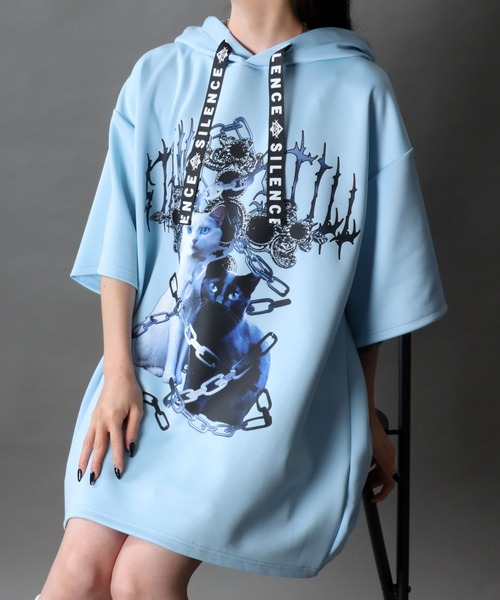 SITRY(シトリー)の「Darkness Bear & Cat Sweat Hoodie/病みくま 病みねこ スウェット フーディー 半袖Tパーカー レディース メンズ(パーカー・メンズ・ブルー系その他/サックスブルー/ブラック/ブラック系その他/ホワイト/ホワイト系その他・L/M)」の5枚目の写真