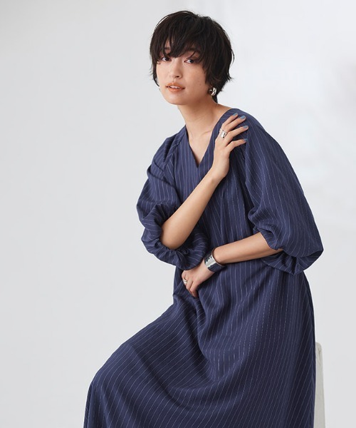 RASW（ラス）の「[RASW]インナー付きストライプボリュームワンピース（ワンピース・レディース・アイボリー/ネイビー・PM/M/L）」の4枚目の写真