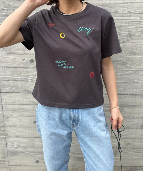 mi via loca(ミヴィアロカ)の「カラー刺繍コンパクトTシャツ(Tシャツ/カットソー・レディース・ベージュ/オフホワイト/スミクロ・FREE)」の6枚目の写真