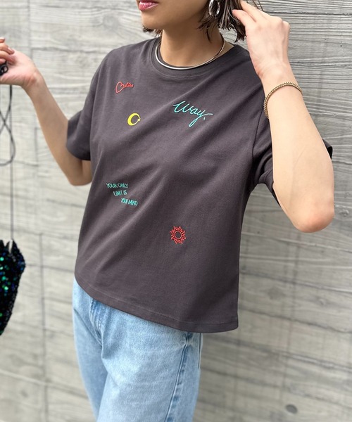 mi via loca(ミヴィアロカ)の「カラー刺繍コンパクトTシャツ(Tシャツ/カットソー・レディース・ベージュ/オフホワイト/スミクロ・FREE)」の10枚目の写真