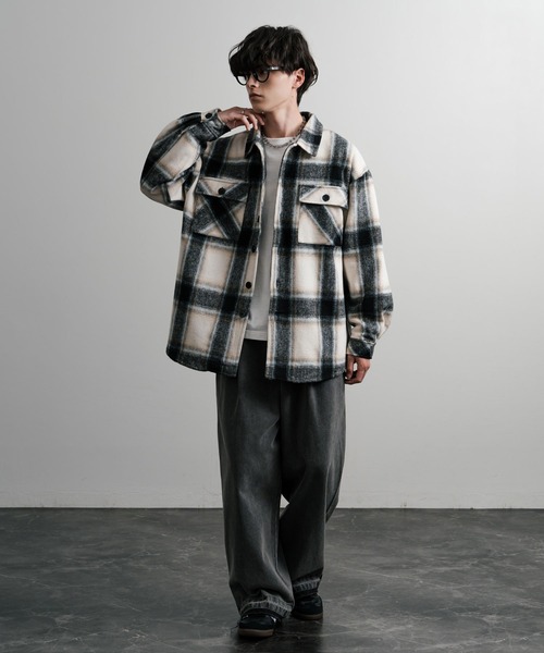 オーバーサイズ大判チェック柄CPOジャケットブルゾン（ブルゾン