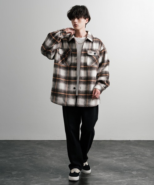 オーバーサイズ大判チェック柄CPOジャケットブルゾン（ブルゾン