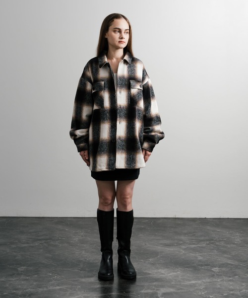 オーバーサイズ大判チェック柄CPOジャケットブルゾン（ブルゾン