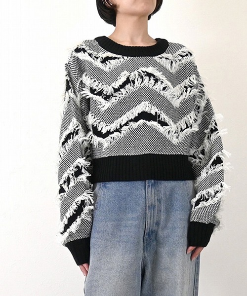 STYLEBLOCK（スタイルブロック）の「Aバルキーフリンジジャガード2WAYカーディガン（カーディガン/ボレロ・レディース・イエロー/ブラック/グレー・M）」の7枚目の写真