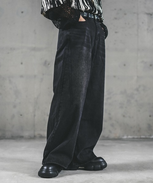 ヴィンテージ ワイド フレア スラックス セール】Vintage wash wide flare denim pants / ビンテージ