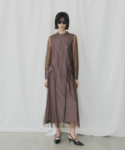 【美品】ANDRESDパイピングチュールAラインドレスチャコール　祝日セール チュールパイピングAラインドレス マタニティ 妊婦 結婚式 パーティー