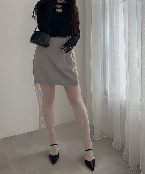 hugi(ハギ)の「SHEER RIBBON SKIRT/シアーレイヤードリボンスカート(スカート・レディース・ブラック/グレー・FREE)」の1枚目の写真