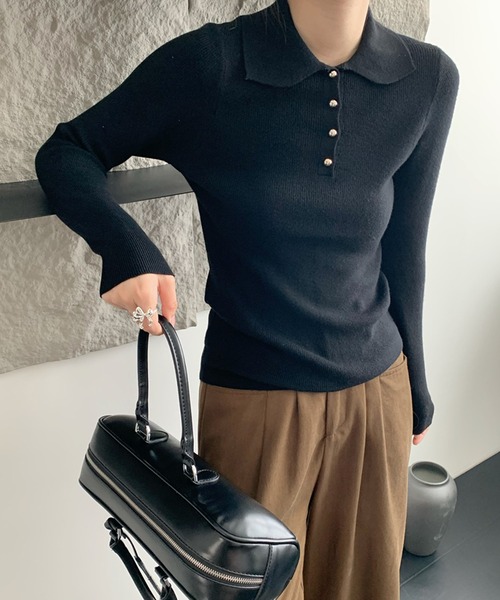 MILAE(ミレ)の「衿付きヘンリーネックニットトップス(ニット/セーター・レディース・ブラック/ホワイト/テラコッタ/ベージュ・FREE)」の3枚目の写真