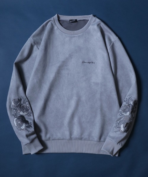 ANPAS(アンパス)の「Faux Suede Flower Embroidery Oversized Sweatshirt/フェイクスエード 袖フラワー刺繍 ワンポイント スウェット トップス トレーナー メンズ(スウェット・メンズ・オフホワイト/グレー/チャコール・M/L)」の1枚目の写真