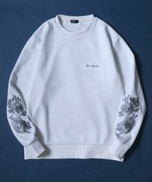 ANPAS（アンパス）の「Faux Suede Flower Embroidery Oversized Sweatshirt/フェイクスエード 袖フラワー刺繍 ワンポイント スウェット トップス トレーナー メンズ（スウェット）」