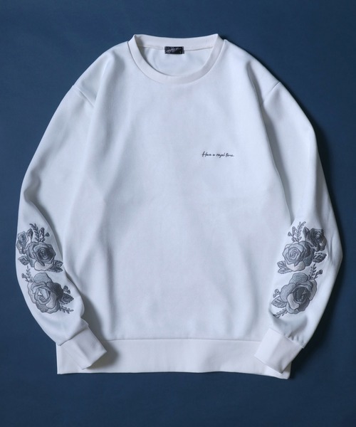 ANPAS(アンパス)の「Faux Suede Flower Embroidery Oversized Sweatshirt/フェイクスエード 袖フラワー刺繍 ワンポイント スウェット トップス トレーナー メンズ(スウェット・メンズ・オフホワイト/グレー/チャコール・M/L)」の2枚目の写真