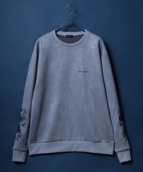 ANPAS(アンパス)の「Faux Suede Flower Embroidery Oversized Sweatshirt/フェイクスエード 袖フラワー刺繍 ワンポイント スウェット トップス トレーナー メンズ(スウェット・メンズ・オフホワイト/グレー/チャコール・M/L)」の5枚目の写真