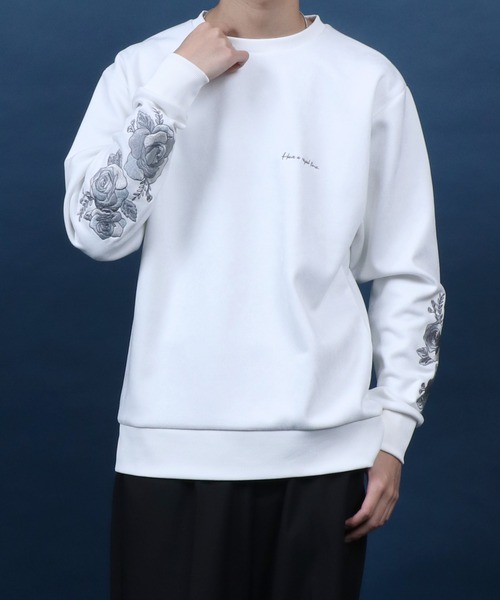 ANPAS(アンパス)の「Faux Suede Flower Embroidery Oversized Sweatshirt/フェイクスエード 袖フラワー刺繍 ワンポイント スウェット トップス トレーナー メンズ(スウェット・メンズ・オフホワイト/グレー/チャコール・M/L)」の12枚目の写真