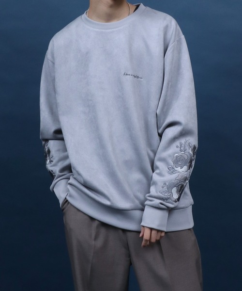 ANPAS(アンパス)の「Faux Suede Flower Embroidery Oversized Sweatshirt/フェイクスエード 袖フラワー刺繍 ワンポイント スウェット トップス トレーナー メンズ(スウェット・メンズ・オフホワイト/グレー/チャコール・M/L)」の14枚目の写真