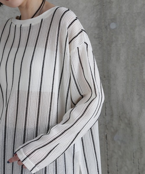 20％OFF　CHIGNON　シニヨン　ストライプシア―プルオーバー　8646-565kk CHIGNON（シニヨン） スカシ編みルーズ プルオーバー