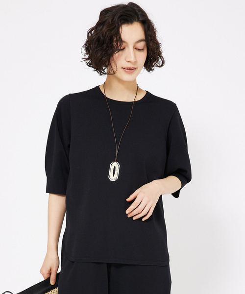 qualite（カリテ）の「レーヨンストレッチボートネックニット/オフィスカジュアル/夏服/サマーニット（Tシャツ/カットソー・レディース・ブラック/ホワイト/グリーン・フリー）」の2枚目の写真