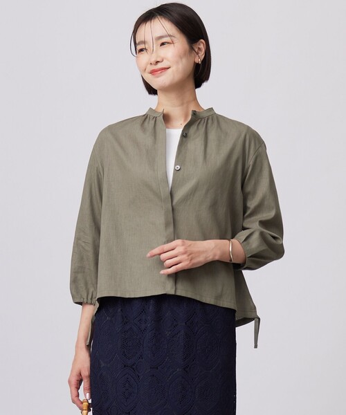 【洗える・接触冷感・吸水速乾】麻STRIPE バンドカラー シャツ ブラウス 洗える・接触冷感・吸水速乾】麻STRIPE バンドカラー シャツ