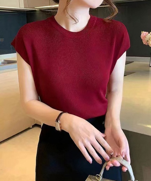 maison de LATIR(メゾンドラティール)の「フレンチスリーブ半袖サマーニット(Tシャツ/カットソー・レディース・ワイン/カーキ/ホワイト/ピンク/グリーン/マスタード/ブラック・ONESIZE)」の7枚目の写真