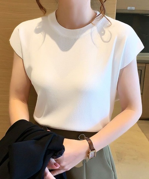 maison de LATIR(メゾンドラティール)の「フレンチスリーブ半袖サマーニット(Tシャツ/カットソー・レディース・ワイン/カーキ/ホワイト/ピンク/グリーン/マスタード/ブラック・ONESIZE)」の8枚目の写真