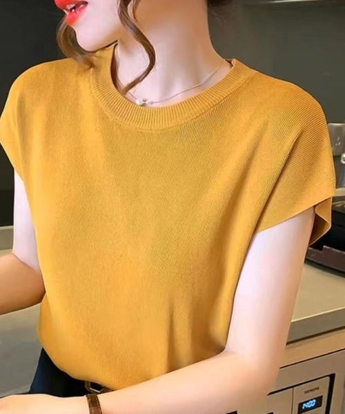 maison de LATIR(メゾンドラティール)の「フレンチスリーブ半袖サマーニット(Tシャツ/カットソー・レディース・ワイン/カーキ/ホワイト/ピンク/グリーン/マスタード/ブラック・ONESIZE)」の19枚目の写真