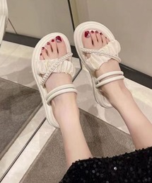 パール付き フラット 厚底 ギャザー EVAサンダル