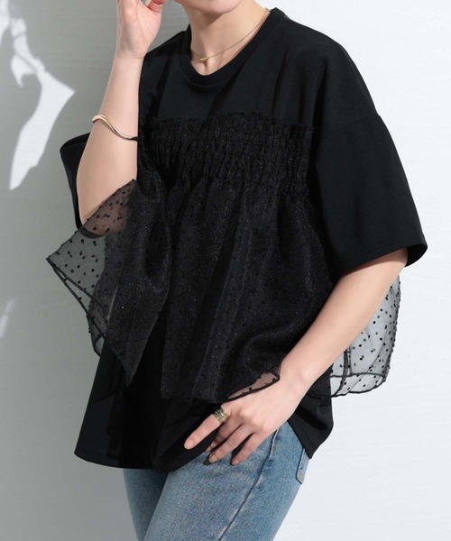 Sawa a la mode(サワアラモード)の「ドット柄シフォン異素材カットソー(Tシャツ/カットソー・レディース・ホワイト/ブラック・FREE)」の2枚目の写真