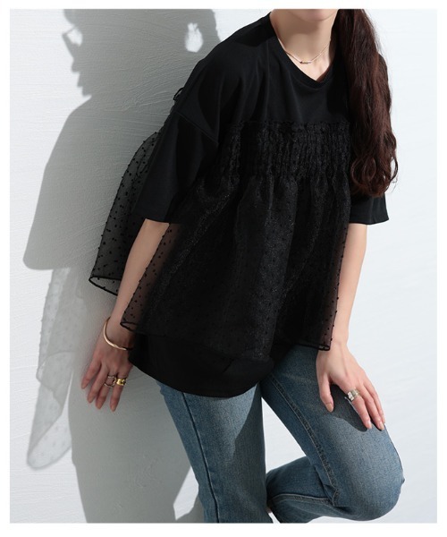 Sawa a la mode(サワアラモード)の「ドット柄シフォン異素材カットソー(Tシャツ/カットソー・レディース・ホワイト/ブラック・FREE)」の14枚目の写真