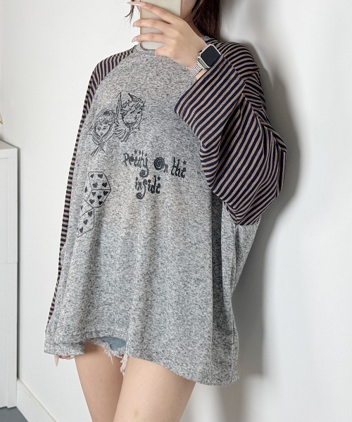 VIVID LADY(ビビッドレディー)の「ボーダースリーブ シアー ラグラン Tシャツ 長袖(Tシャツ/カットソー・レディース・グレー/アイボリー/ブラック・FREE)」の2枚目の写真