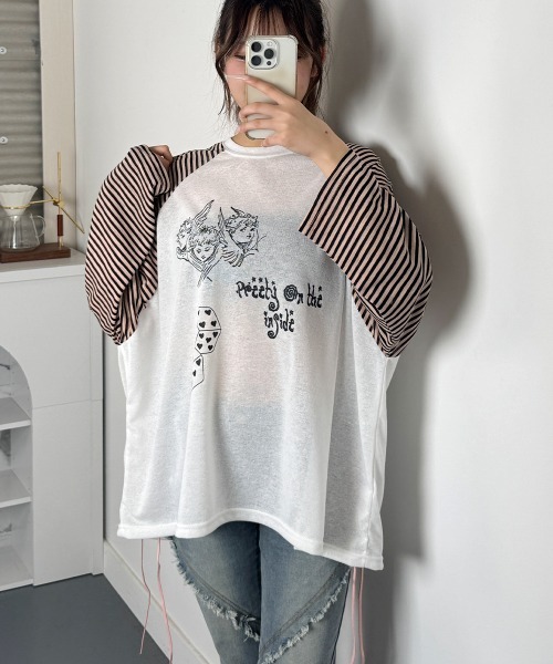 VIVID LADY(ビビッドレディー)の「ボーダースリーブ シアー ラグラン Tシャツ 長袖(Tシャツ/カットソー・レディース・グレー/アイボリー/ブラック・FREE)」の3枚目の写真