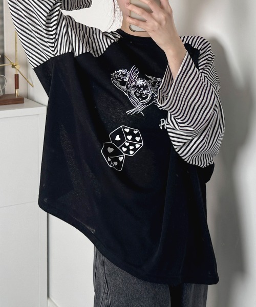 VIVID LADY(ビビッドレディー)の「ボーダースリーブ シアー ラグラン Tシャツ 長袖(Tシャツ/カットソー・レディース・グレー/アイボリー/ブラック・FREE)」の1枚目の写真