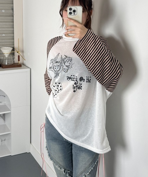 VIVID LADY(ビビッドレディー)の「ボーダースリーブ シアー ラグラン Tシャツ 長袖(Tシャツ/カットソー・レディース・グレー/アイボリー/ブラック・FREE)」の18枚目の写真