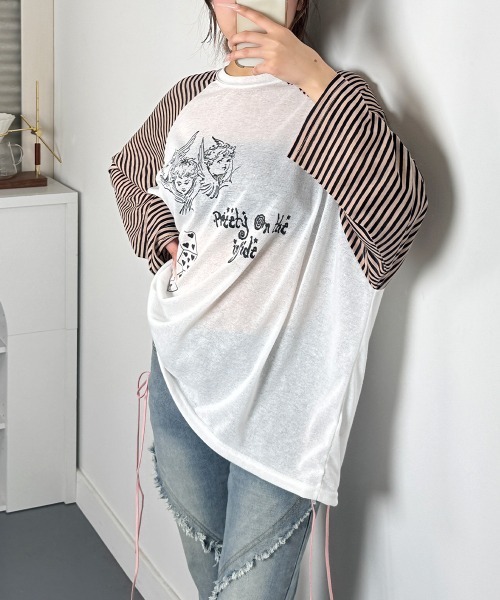 VIVID LADY(ビビッドレディー)の「ボーダースリーブ シアー ラグラン Tシャツ 長袖(Tシャツ/カットソー・レディース・グレー/アイボリー/ブラック・FREE)」の19枚目の写真