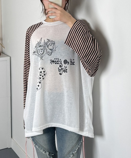 VIVID LADY(ビビッドレディー)の「ボーダースリーブ シアー ラグラン Tシャツ 長袖(Tシャツ/カットソー・レディース・グレー/アイボリー/ブラック・FREE)」の20枚目の写真