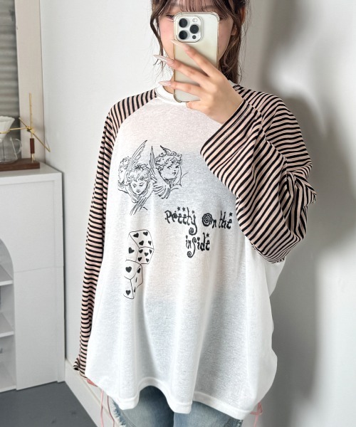 VIVID LADY(ビビッドレディー)の「ボーダースリーブ シアー ラグラン Tシャツ 長袖(Tシャツ/カットソー・レディース・グレー/アイボリー/ブラック・FREE)」の21枚目の写真