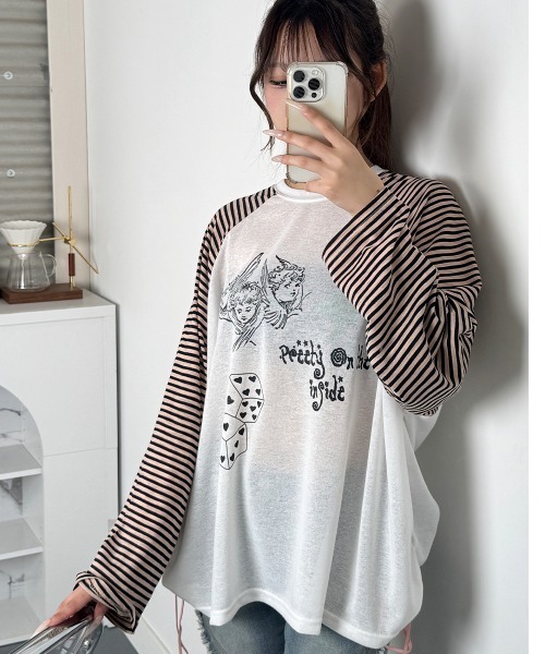 VIVID LADY(ビビッドレディー)の「ボーダースリーブ シアー ラグラン Tシャツ 長袖(Tシャツ/カットソー・レディース・グレー/アイボリー/ブラック・FREE)」の22枚目の写真