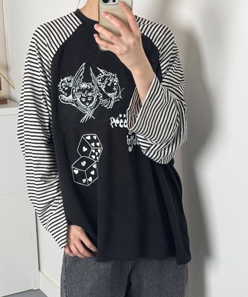 VIVID LADY(ビビッドレディー)の「ボーダースリーブ シアー ラグラン Tシャツ 長袖(Tシャツ/カットソー・レディース・グレー/アイボリー/ブラック・FREE)」の4枚目の写真