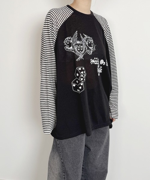 VIVID LADY(ビビッドレディー)の「ボーダースリーブ シアー ラグラン Tシャツ 長袖(Tシャツ/カットソー・レディース・グレー/アイボリー/ブラック・FREE)」の5枚目の写真