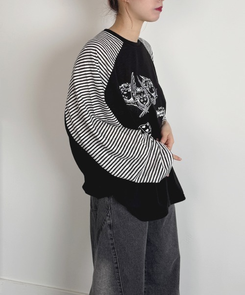 VIVID LADY(ビビッドレディー)の「ボーダースリーブ シアー ラグラン Tシャツ 長袖(Tシャツ/カットソー・レディース・グレー/アイボリー/ブラック・FREE)」の7枚目の写真