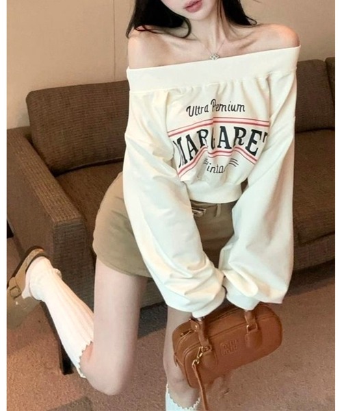 FUNdaysion(ファンデイション)の「フロントプリントオフショルトップス(スウェット・レディース・オフホワイト/ブラック・M)」の6枚目の写真
