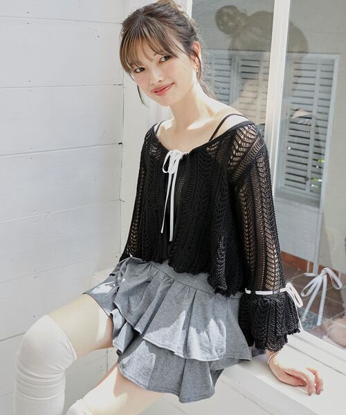 MAJESTIC LEGON(マジェスティックレゴン)の「レーシーパターンキャミセットカーデ(カーディガン/ボレロ・レディース・ピンク/アイボリー/ブルー/ブラック・MEDIUM)」の1枚目の写真