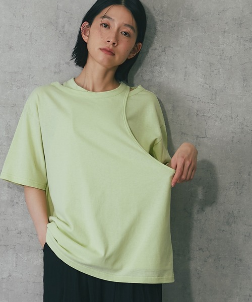 ANOTHER S(アナザーエス)の「綿天竺アシンメトリーTシャツ(Tシャツ/カットソー・レディース・グレー/ホワイト/ブラック/グリーン・FREE)」の4枚目の写真