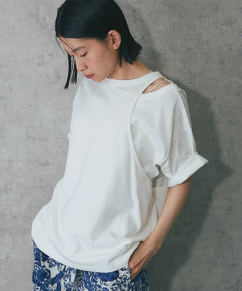 ANOTHER S(アナザーエス)の「綿天竺アシンメトリーTシャツ(Tシャツ/カットソー・レディース・グレー/ホワイト/ブラック/グリーン・FREE)」の7枚目の写真