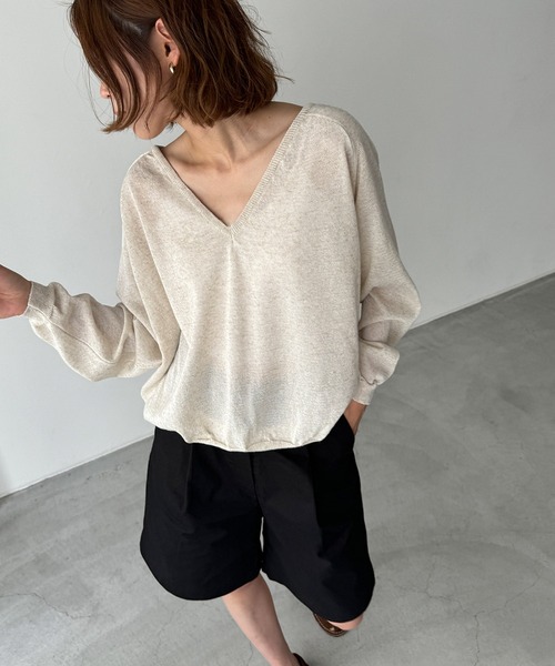「CANAL JEAN」 「El mar」Vネックニット ONE SIZE オフホワイト レディース セール】El mar リネン混Vネックニット（ニット/セーター