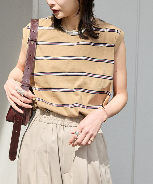 JOURNAL STANDARD(ジャーナルスタンダード)の「《追加3》汗ジミ防止天竺ボーダーノースリーブ(Tシャツ/カットソー・レディース・ベージュ系その他/ブラウン/ネイビー/グリーン系その他・FREE)」の3枚目の写真