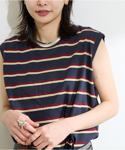 JOURNAL STANDARD(ジャーナルスタンダード)の「《追加3》汗ジミ防止天竺ボーダーノースリーブ(Tシャツ/カットソー・レディース・ベージュ系その他/ブラウン/ネイビー/グリーン系その他・FREE)」の4枚目の写真