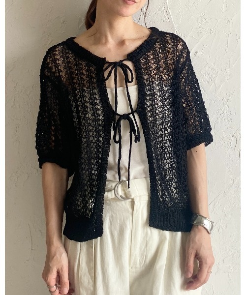 セール】2WAYショート丈半袖透かし編みフロントリボンメッシュ