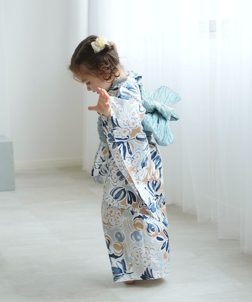 キッズ浴衣3点セット ニコアンティーク フロスティブルーの花