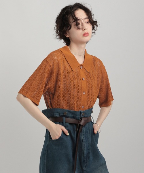 GEORGE'S(ジョージズ)の「透かし編みポロニット(ニット/セーター・レディース・オレンジ/アイボリー/ブラック/キャメル・SMALL/MEDIUM)」の4枚目の写真