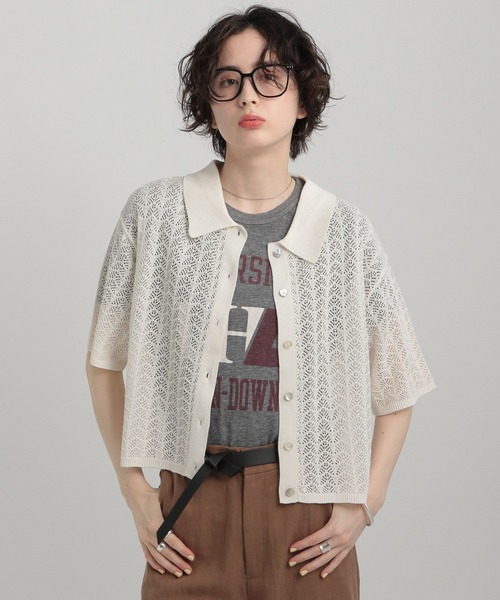 GEORGE'S(ジョージズ)の「透かし編みポロニット(ニット/セーター・レディース・オレンジ/アイボリー/ブラック/キャメル・SMALL/MEDIUM)」の2枚目の写真