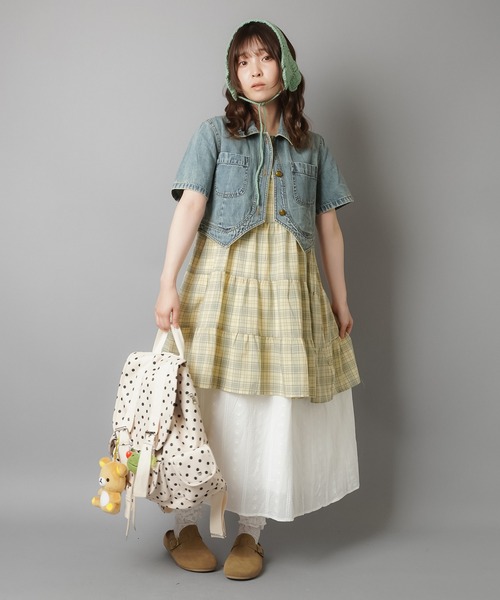 美品 オブレクトヘム ギャザー チェック ワンピース 森ガール マスタード 美品 オブレクトヘム ギャザー チェック ワンピース 森ガール